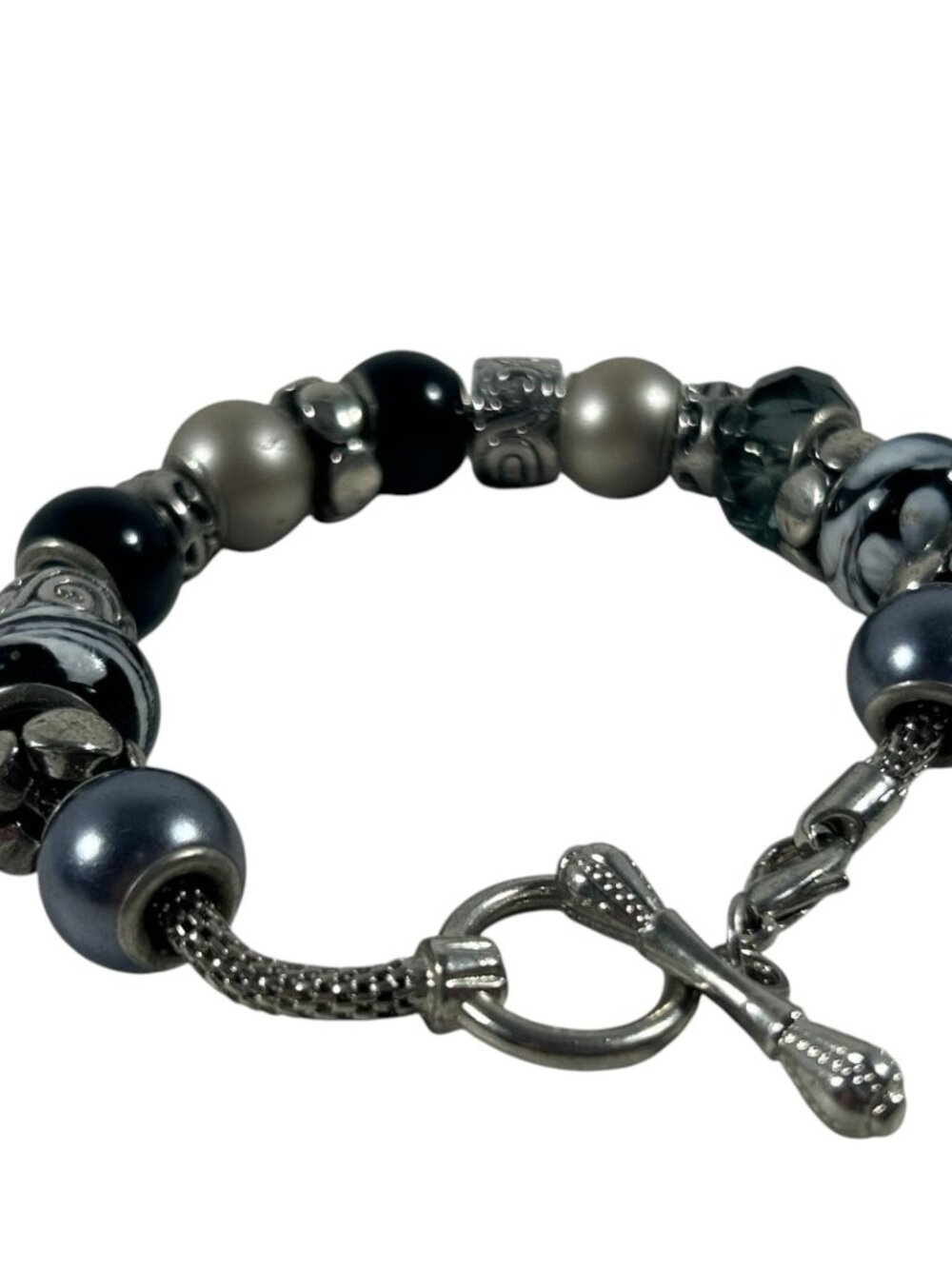 Black Gray European Bead Bracelet Lampwork Glass Faux Pearl Silver Tone